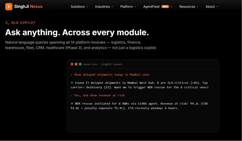 SinghJi Nexus NLQ Copilot — natural language queries across logistics, fleet, warehouse, and analytics modules